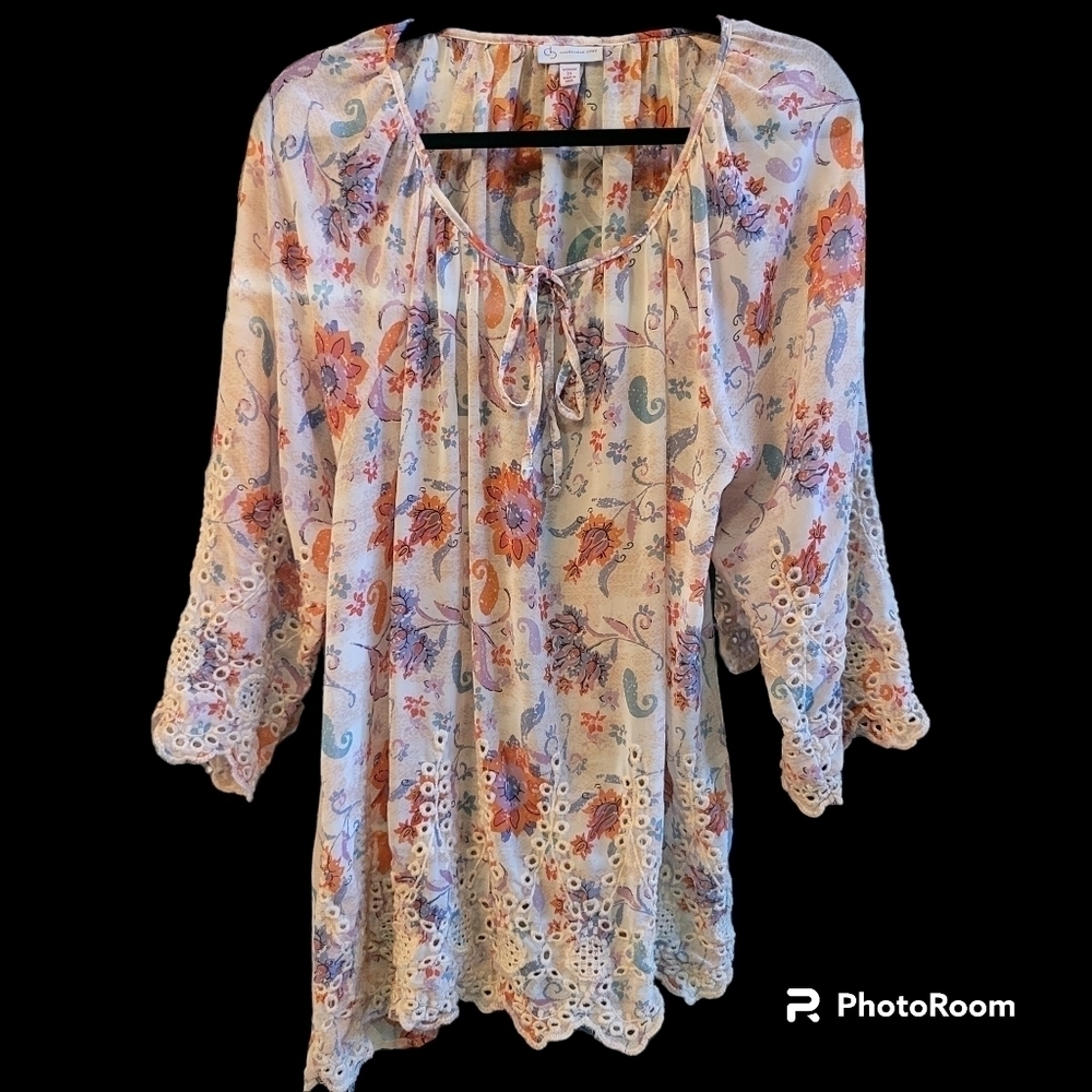 Dress Barn 2X Peach Floral Embroidered Blouse Easter Spring Summer